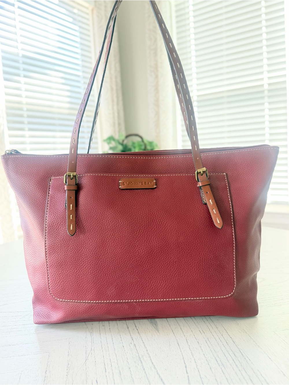 St. John's Bay Wine Red Tote with Tan Straps